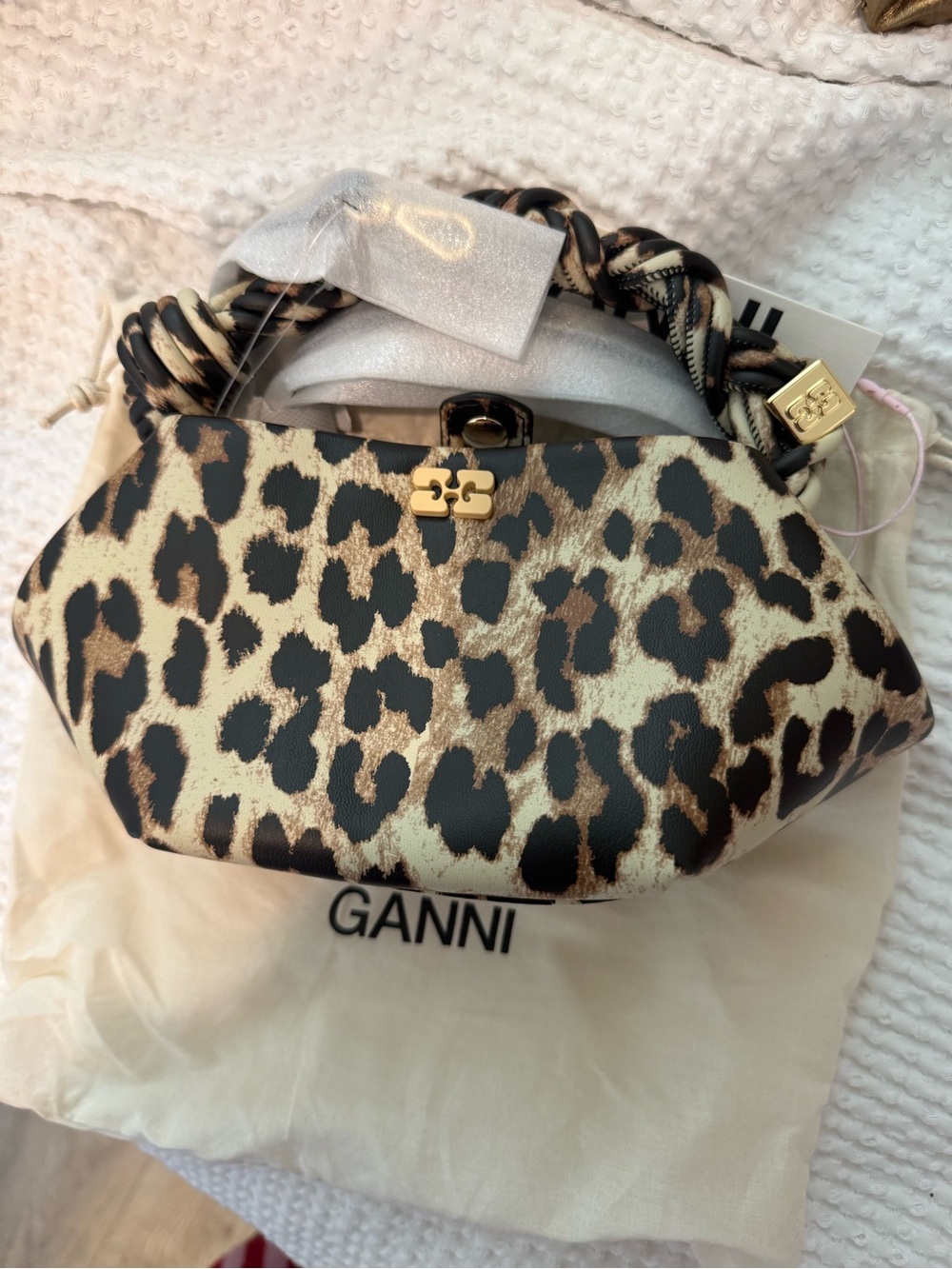 Ganni Beige & Brown Leopard Grained Mini Bou Bag